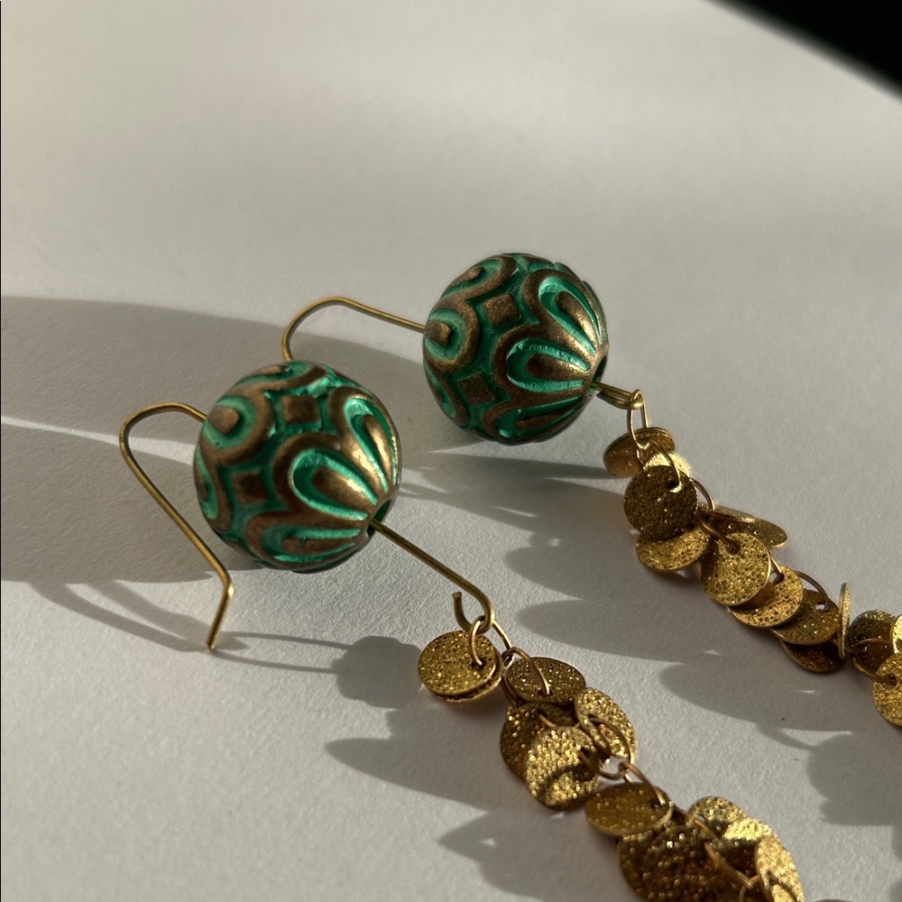 Bohemian Green and Gold Dangle Earrings - Picture 2 of 3
